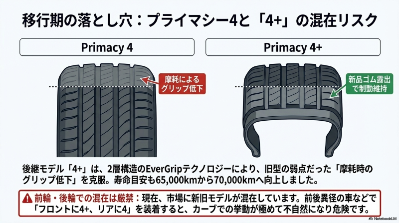 プライマシー4と4+の摩耗によるグリップ低下と制動維持の比較図