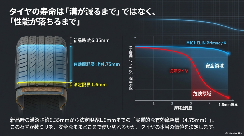 プライマシー4の新品時の溝深さ約6.35mmから法定限界1.6mmまでの有効摩耗層約4.75mmを示す図解