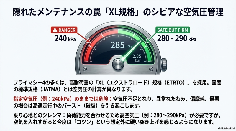 XL規格におけるシビアな空気圧管理を示すメーターの図