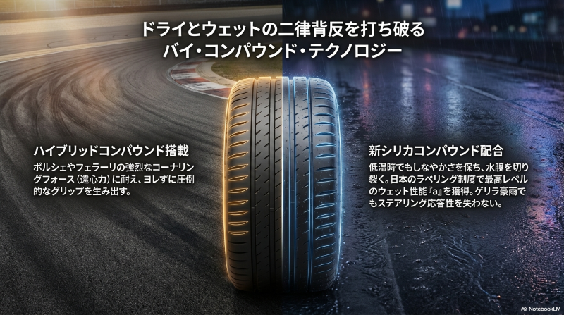 ポルシェやフェラーリの遠心力に耐えるグリップ力と、低温時でも水膜を切り裂くウェット性能を両立したバイ・コンパウンド・テクノロジーの解説