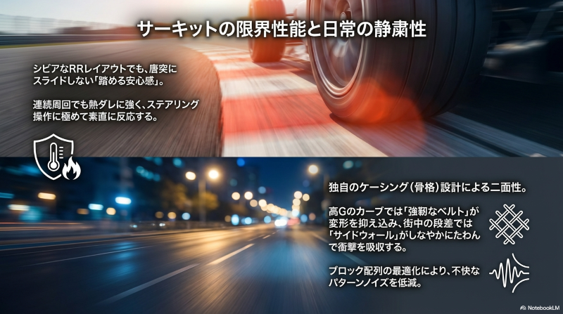 独自のケーシング設計により、街中の段差の衝撃を吸収しつつ高Gでの変形を抑え、サーキットでの熱ダレ耐性と日常の静粛性を両立する仕組み