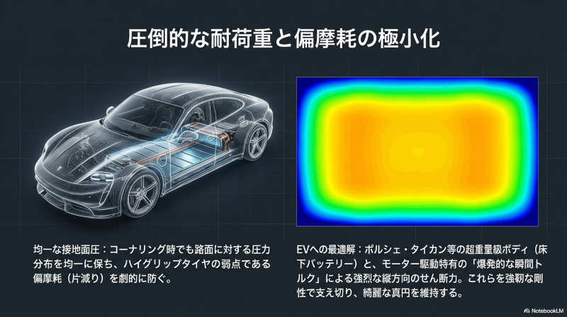 路面に対する圧力分布を均一に保ち偏摩耗を防ぐ技術と、超重量級ボディやモーター駆動の強烈なトルクを支えるポルシェ・タイカン等EVへの最適解を示す図解