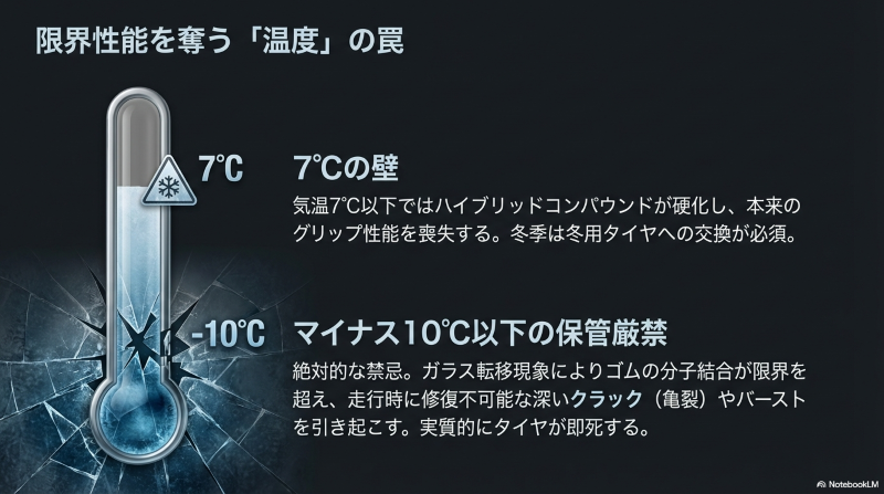 気温7度以下でのハイブリッドコンパウンドの硬化によるグリップ喪失と、修復不可能な亀裂を引き起こすマイナス10度以下の保管厳禁に関する警告 (※スライドのテキスト抽出データに一部「210℃」という誤植が見られますが、現実的な文脈と他のテキストから「-10℃」が正しい数値となります 。)