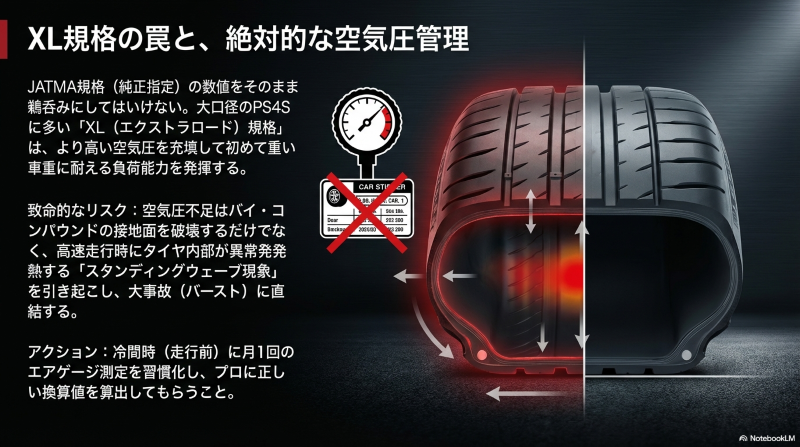 大口径のPS4Sに多いXL規格において、空気圧不足が引き起こすスタンディングウェーブ現象のリスクと、正しい空気圧管理の重要性