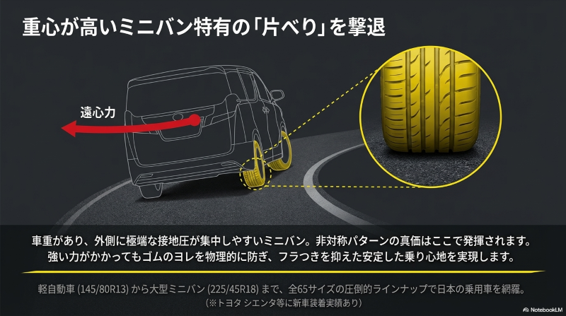 ミニバンの遠心力による片べりを防ぐ非対称パターンの効果