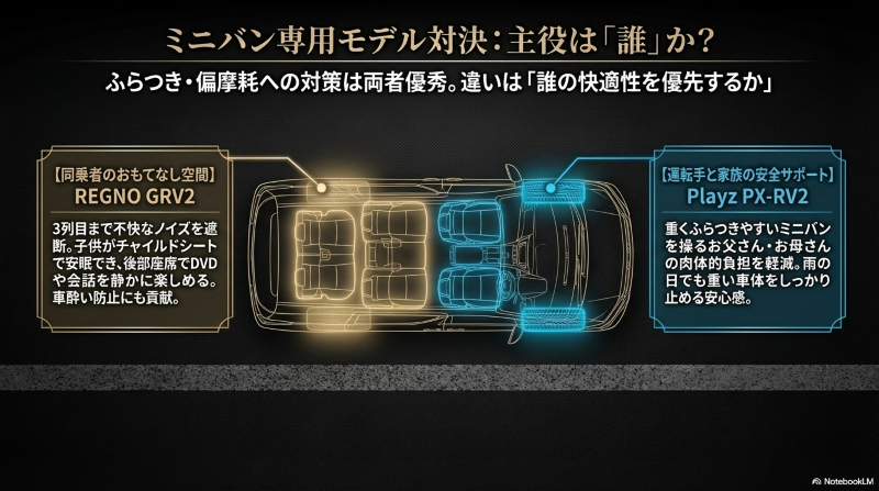 同乗者の快適性を優先するレグノGRV2と、運転手の疲労軽減を優先するプレイズPX-RV2の車内空間の違いを表した図