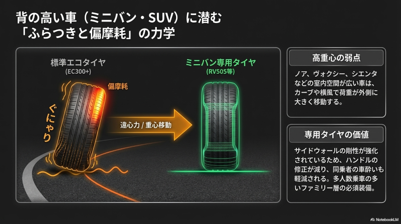 高重心車における標準エコタイヤの偏摩耗と、ミニバン専用タイヤの比較