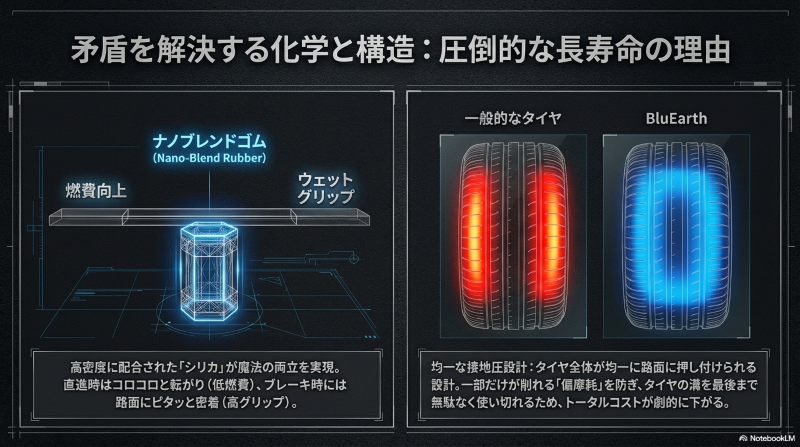 ナノブレンドゴムとシリカの高密度配合による低燃費と高グリップの両立を示す図