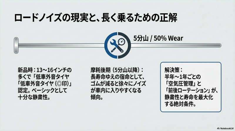 摩耗後期のロードノイズへの対策として、半年から1年ごとの空気圧管理と前後ローテーションが静粛性と寿命を最大化することを示すアイコン図