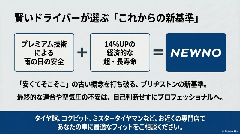 プレミアム技術による超長寿命と雨の日の安全を備えたNEWNOのまとめと、タイヤ専門店への相談を促す図