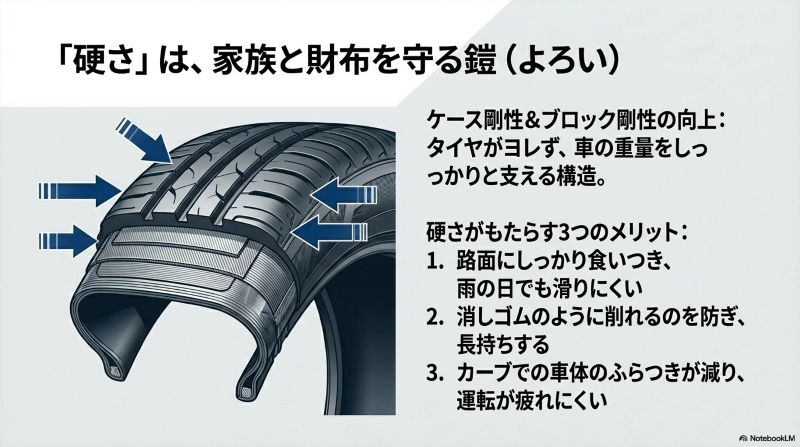 タイヤのケース剛性とブロック剛性の向上により、雨の日の滑りにくさ、長持ち、運転の疲れにくさの3つのメリットが得られることを解説した図