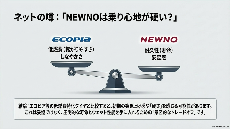 エコピアの低燃費・しなやかさと、ニューノの耐久性・安定感という意図的なトレードオフを比較した図 。