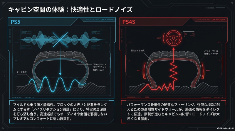 パイロットスポーツ5のノイズリダクション設計と4Sの高剛性サイドウォール構造の比較図