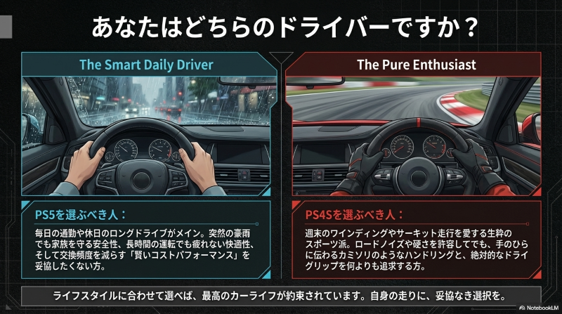 日常使いのスマートドライバー向けのPS5と、純粋なスポーツ派向けのPS4Sの比較