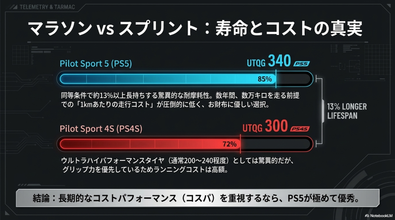 UTQG評価に基づくパイロットスポーツ5(340)と4S(300)の寿命と耐摩耗性の違い