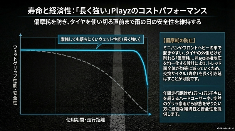 プレイズが偏摩耗を防ぎ、寿命を長く引き延ばすとともに、摩耗しても落ちにくい雨の日のウェット性能を維持する解説図