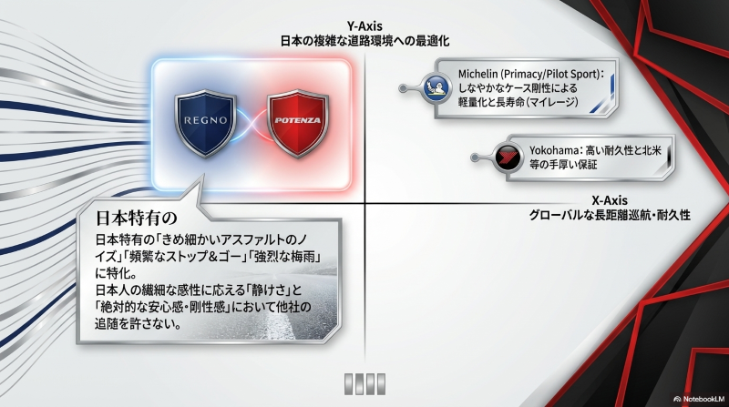 ミシュランやヨコハマと比較したブリヂストン（レグノ・ポテンザ）の独自ポジション