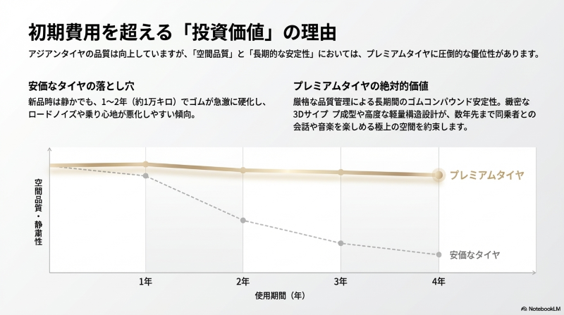 使用年数に応じたプレミアムタイヤと安価なタイヤの空間品質・静粛性の推移グラフ