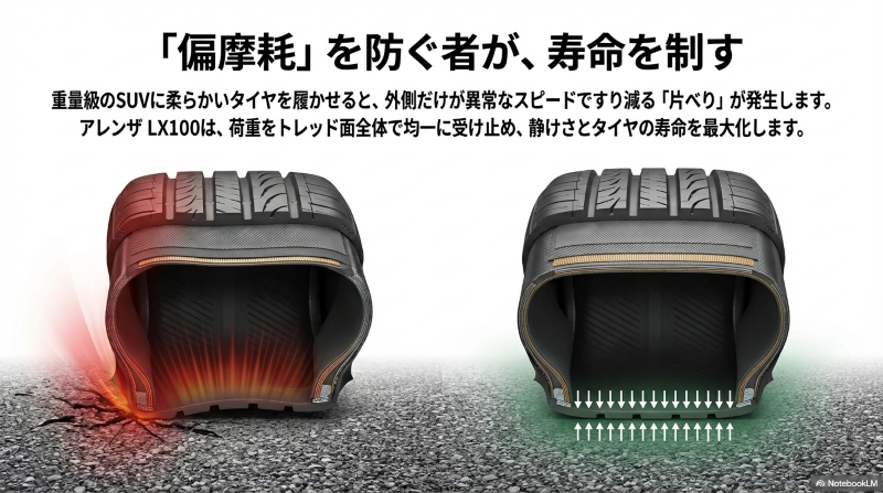 重量級SUVの柔らかいタイヤで発生する偏摩耗（片べり）を示す図