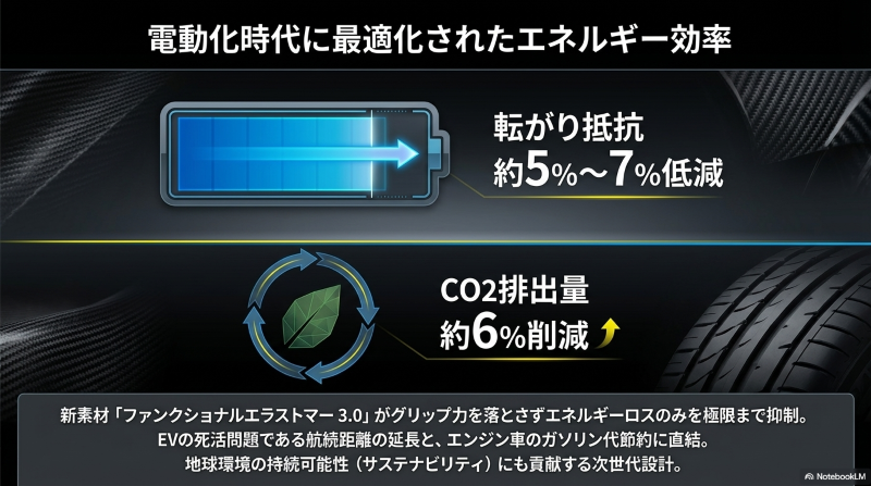 転がり抵抗を約5から7パーセント低減し、CO2排出量を約6パーセント削減する電動化時代への対応