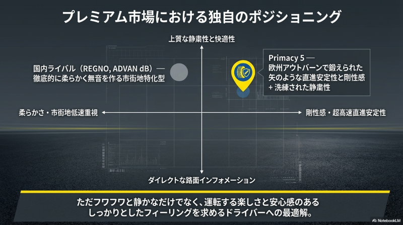 柔らかさ重視の国内ライバル製品に対し、直進安定性と静粛性を両立するプライマシー5の比較グラフ