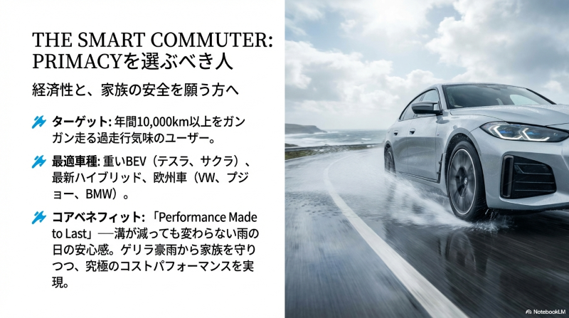 経済性と家族の安全を重視する長距離ランナーやEV・輸入車ユーザーにおすすめのプライマシー