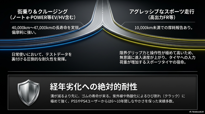 街乗りでの長寿命とアグレッシブなスポーツ走行時の摩耗の違い、および紫外線や熱酸化によるひび割れへの絶対的耐性