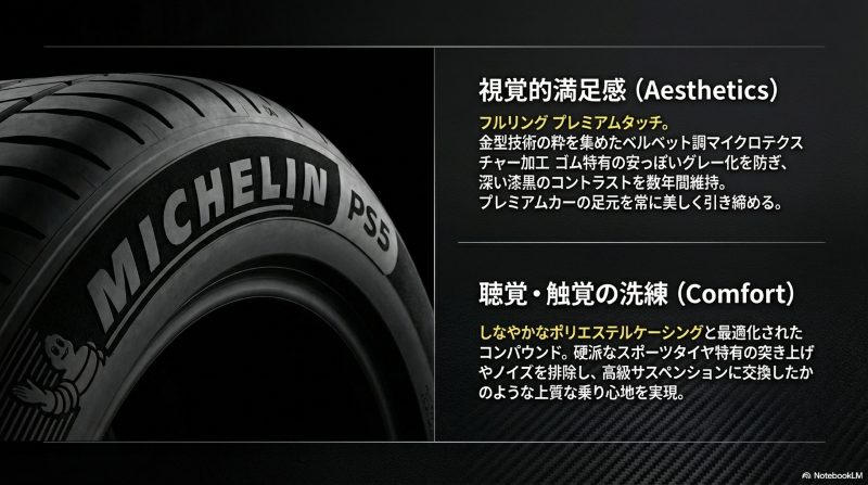 金型技術によるベルベット調マイクロテクスチャー加工が施された、高級感あふれるミシュラン パイロットスポーツ5の美しいサイドウォールデザイン