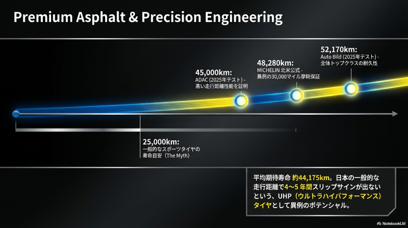 ADACやAuto Bildのテスト結果に基づく、ミシュラン パイロットスポーツ5の4万キロを超える高い走行距離性能と寿命予測データ