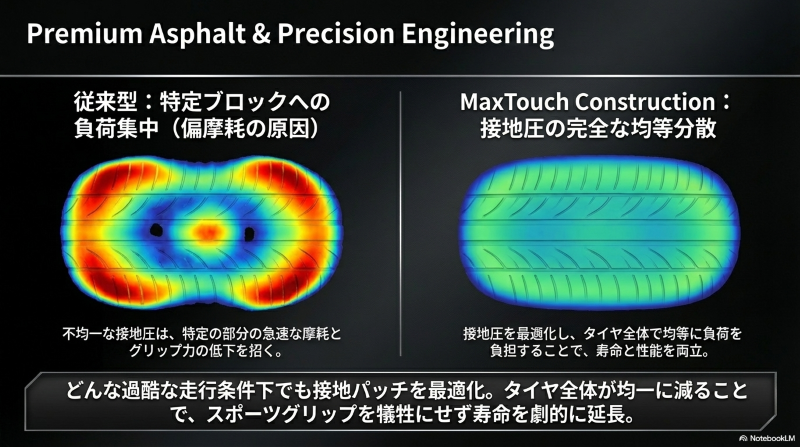 従来型タイヤの負荷集中と、ミシュランPS5のMaxTouch Constructionによる接地パッチの最適化・均等分散の比較ヒートマップ