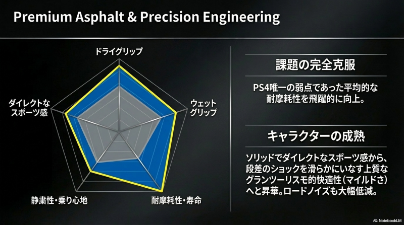 前モデルPS4と比較した、ミシュラン パイロットスポーツ5の耐摩耗性、寿命、静粛性、乗り心地の大幅な向上を示すレーダーチャート