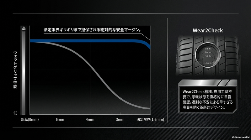 摩耗が進み法定限界の1.6mmに近づいても安全マージンが担保されるウェットグリップ性能と、残溝を目視確認できるWear2Check機構