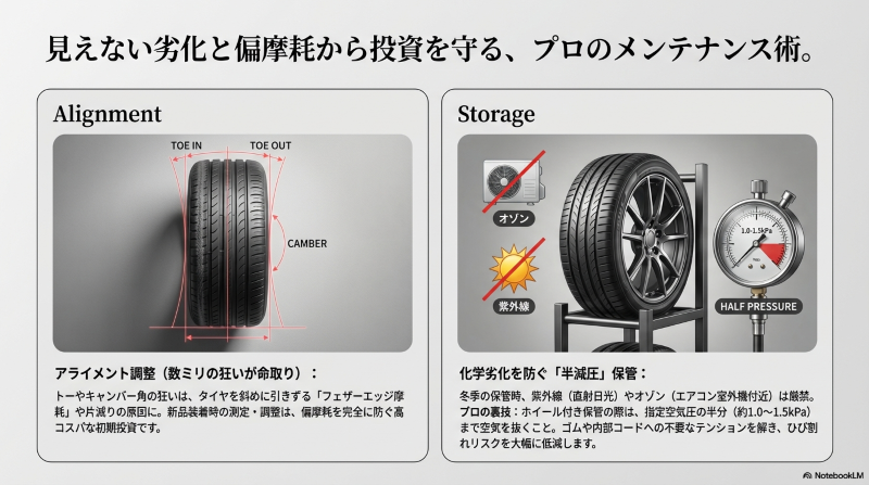 アライメント調整による偏摩耗防止と半減圧によるプロのタイヤ保管術