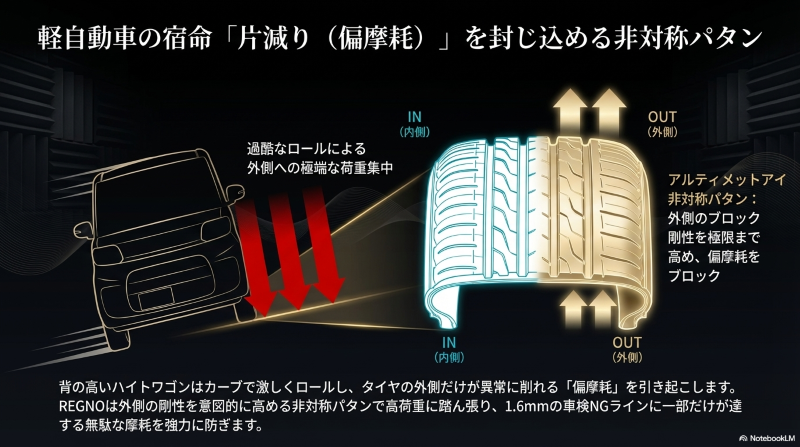 ハイトワゴンのロールによる外側への荷重集中とレグノの非対称パタン