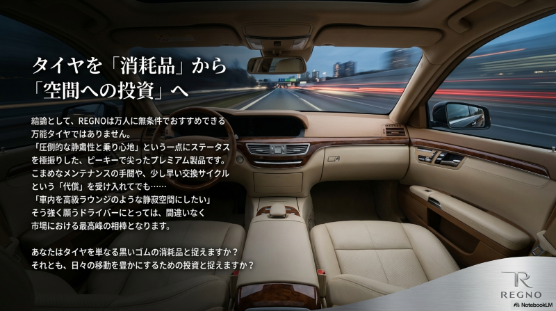 レグノは静粛性と乗り心地にステータスを極振りしたプレミアム製品であり、車内を高級ラウンジ空間にする投資であるという総括