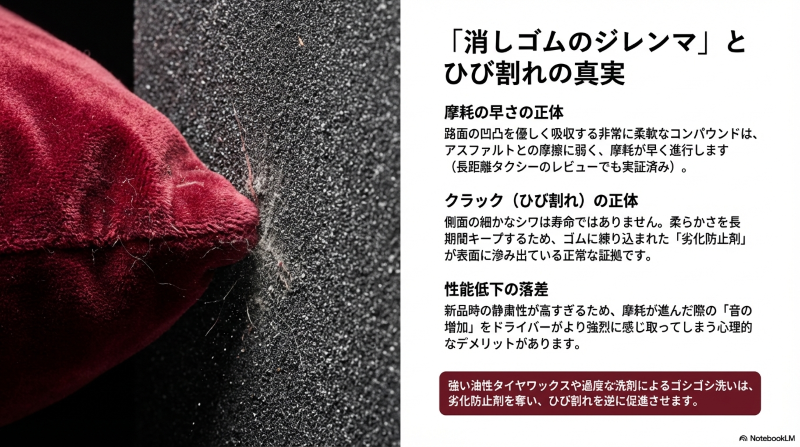 路面の凹凸を吸収する柔軟なコンパウンドが摩擦に弱いことや、レグノのひび割れ(クラック)のメカニズムを解説する図