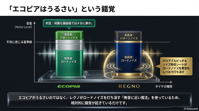 レグノとエコピアのロードノイズとパターンノイズの音量比較グラフ