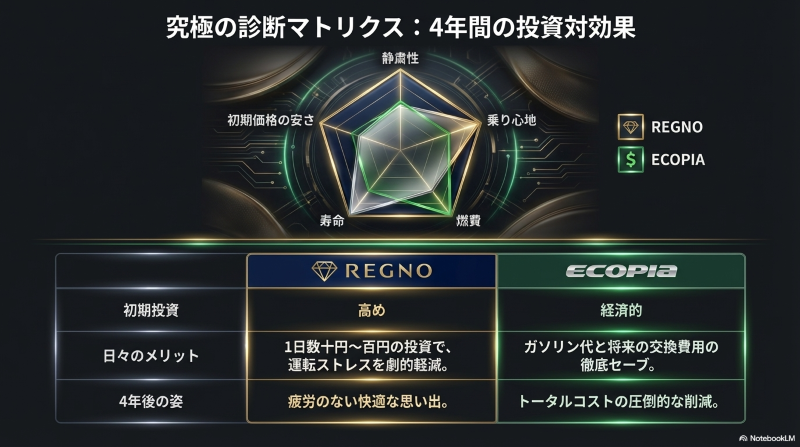 レグノとエコピアの静粛性、乗り心地、燃費、寿命、初期価格を比較したレーダーチャート