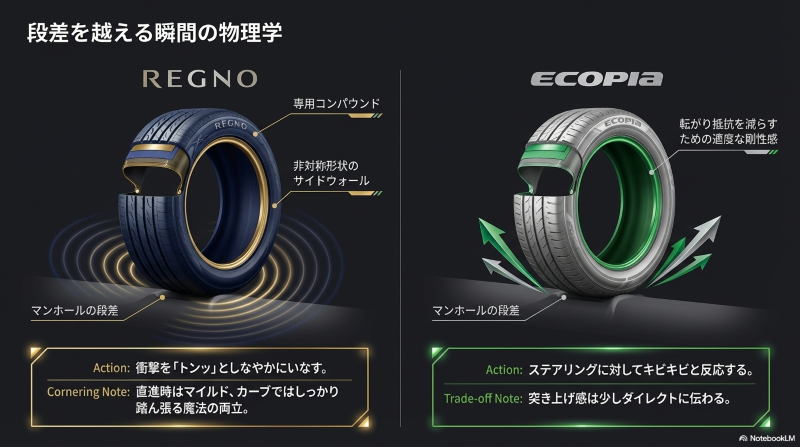 レグノとエコピアがマンホールの段差を越える際の衝撃吸収の物理的仕組み