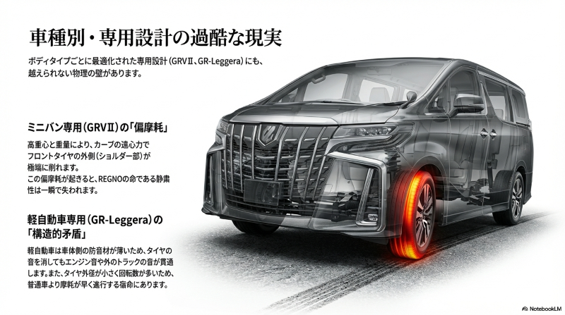 高重心なミニバンのカーブ時における遠心力でフロントタイヤの外側(ショルダー部)が削れる偏摩耗の図解