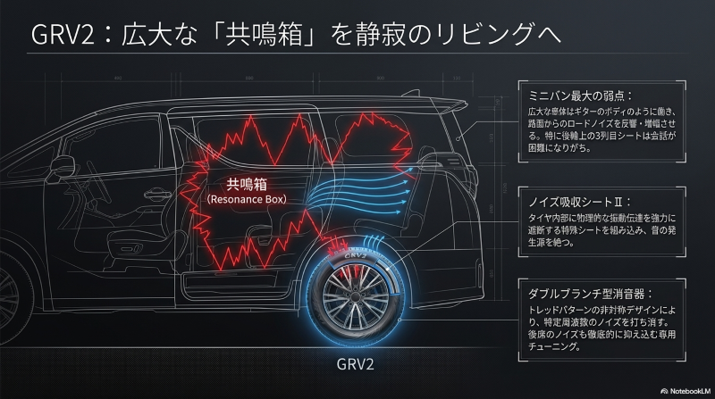 ミニバンの広大な車内を共鳴箱と見立て、ロードノイズを抑え込むGRV2のノイズ吸収シート2とダブルブランチ型消音器