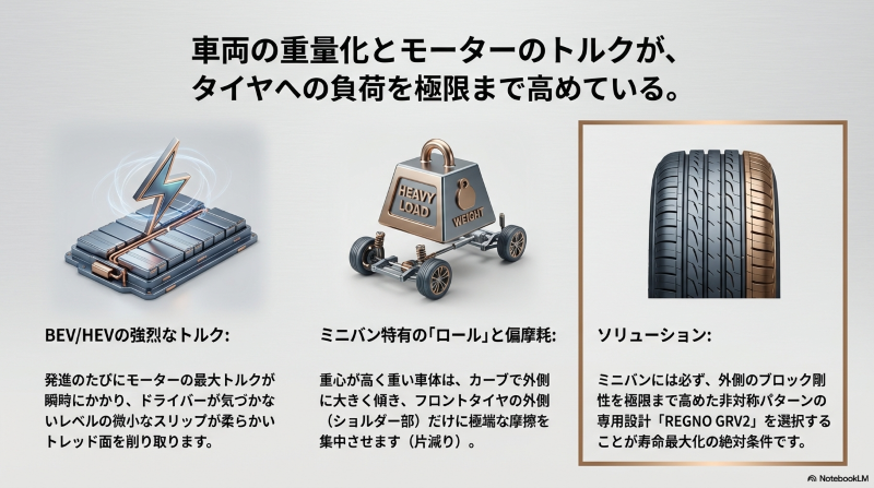 BEVやHEVのトルク、ミニバンの偏摩耗など重量級車両によるタイヤへの負荷