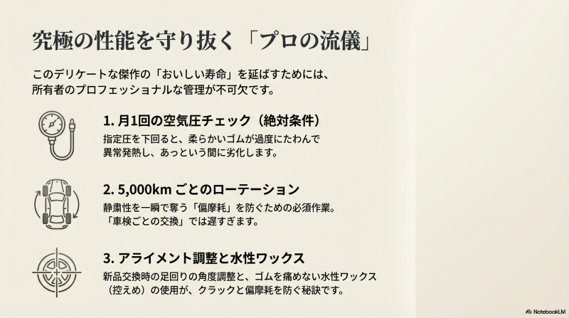 レグノの偏摩耗を防ぐための空気圧チェック、5,000kmごとのローテーション、アライメント調整を示すアイコン