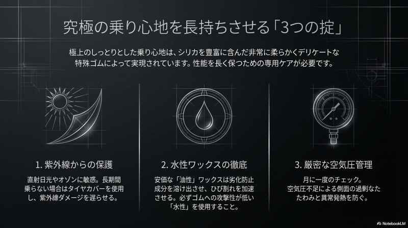 紫外線からの保護、水性ワックスの徹底、厳密な空気圧管理などレグノの寿命を延ばすお手入れ方法