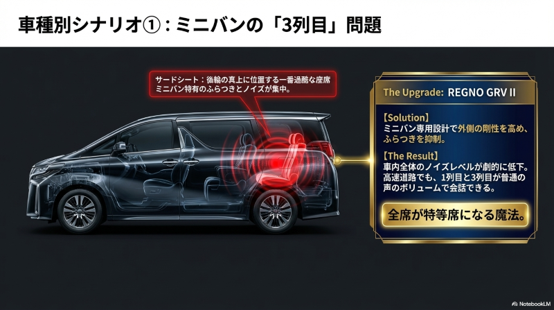 ミニバンの3列目シートに集中するふらつきとノイズの図解