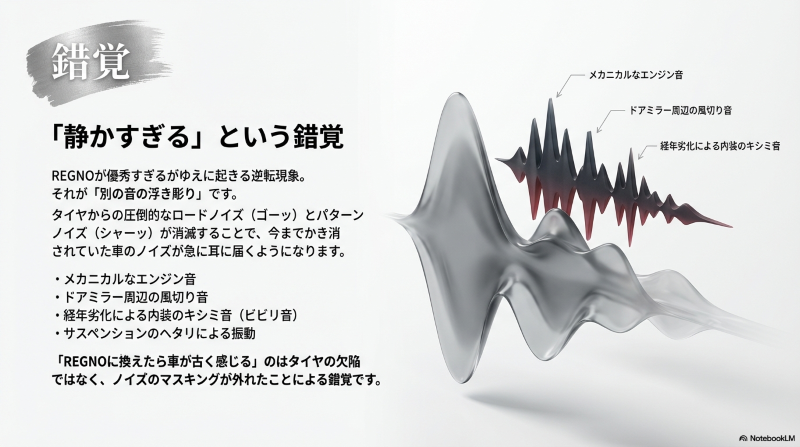 レグノのロードノイズ低減により、メカニカルなエンジン音や風切り音、内装のキシミ音が浮き彫りになる現象の図解
