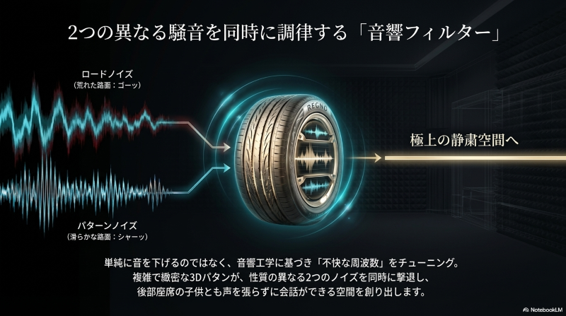ロードノイズとパターンノイズの2つの騒音を調律する音響フィルター