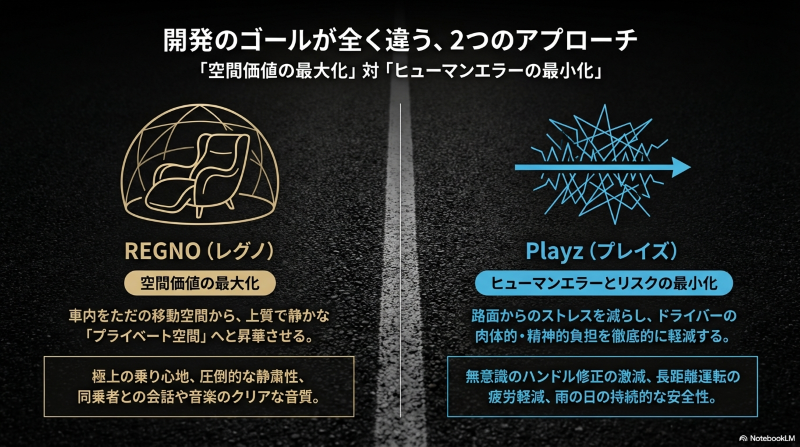レグノの「空間価値の最大化」とプレイズの「ヒューマンエラーの最小化」のコンセプト比較図