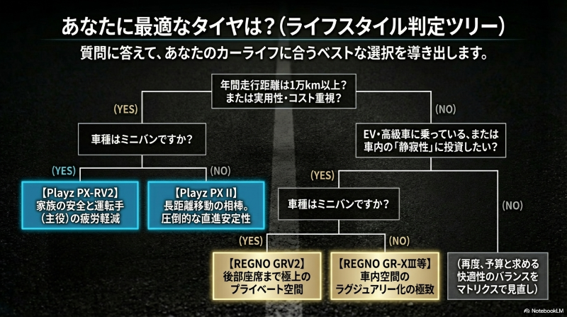 年間走行距離や車種、重視するポイントの質問に「YES/NO」で答えることで、最適なタイヤがレグノかプレイズか分かるフローチャート