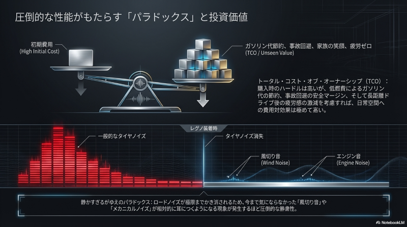 ロードノイズが消失することで風切り音やエンジン音が目立つレグノ特有のパラドックスとトータルコストの図解